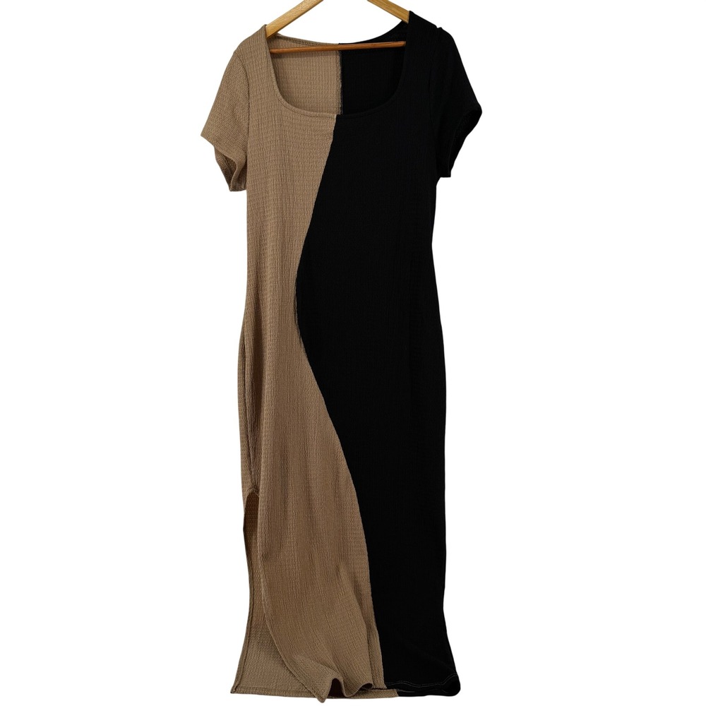 Shein Curve 2XL Maxi Dress Black Tan Color Block Slit Seersucker - Picture 2 of 10